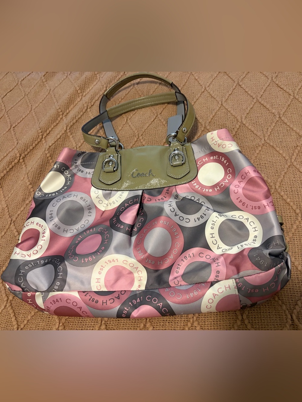 Coach Pink, Gray & Cream Ring-Print Shoulder Bag